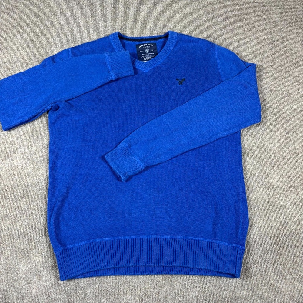 American Eagle Outfitters Sweater Mens XS Blue Knit Logo Cotton V-Neck Preppy